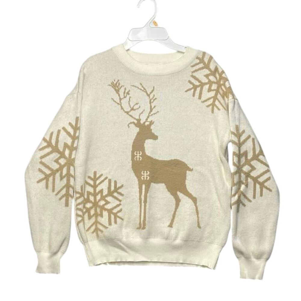 Women Christmas Sweater Jacquard Knit Cream Sz M‎ Reindeer Snowflakes Crewneck
